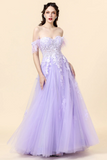 A Line Spaghetti Straps Long Purple Ball Dress with Appliques