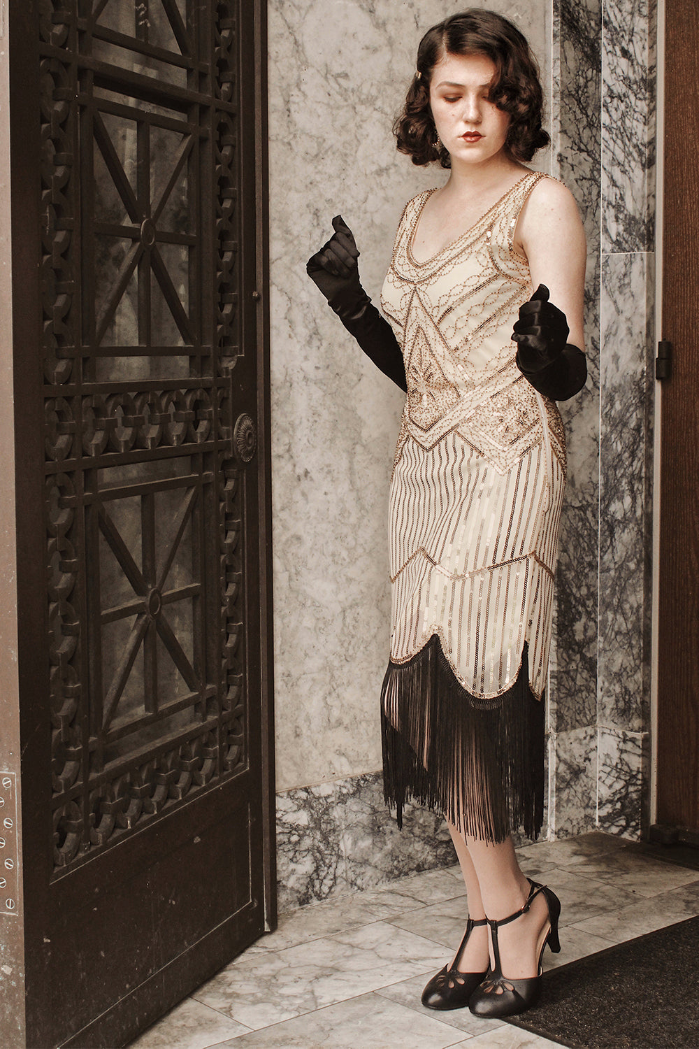 1920s Champagne Fringe Sequins Dress