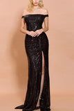 Black Sequins Off-Shoulder Slit Memaid Long Formal Dress