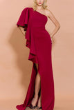 Burgundy One-Shoulder Long Ball Dress Ruffles Split Formal Dress