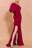 Burgundy One-Shoulder Long Ball Dress Ruffles Split Formal Dress