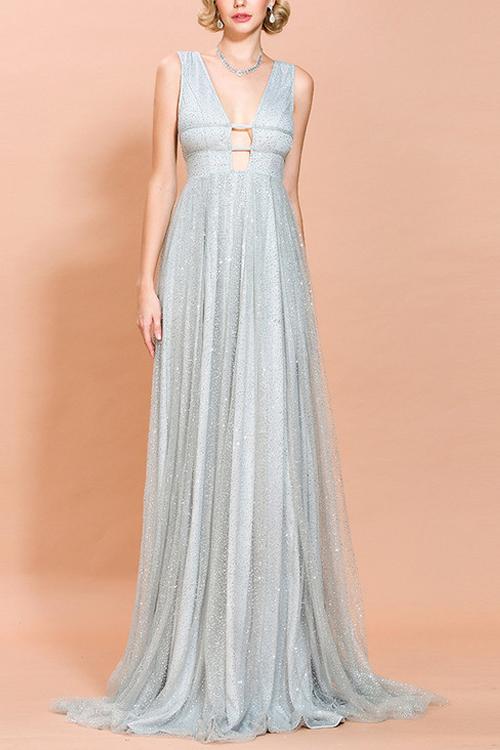 A Line Silver Sequins Long Ball Dress