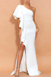 White Asymmetrical One-Shoulder Split Ball Dress