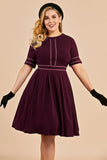 Burgundy Vintage Plus Size Dress With Sleeves