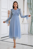 Blue Long Sleeves Tulle Prom Dress