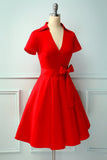 Red V-neck Solid Dress