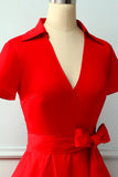 Red V-neck Solid Dress