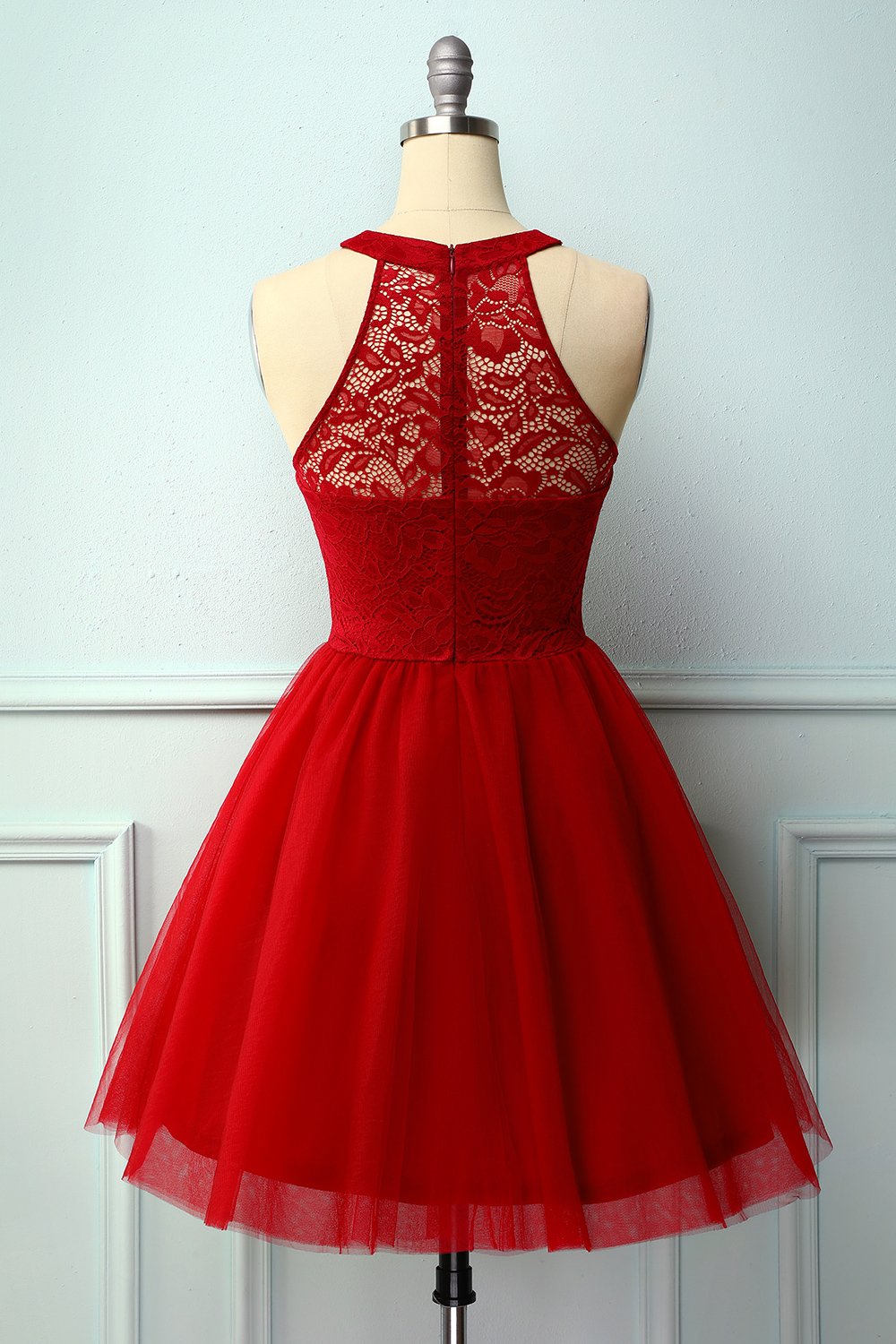 Dark Red Halter Lace Dress