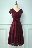 Burgundy V Neck Bridesmaid Lace Dress
