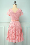 Pink Short Sleeves Lace Dress