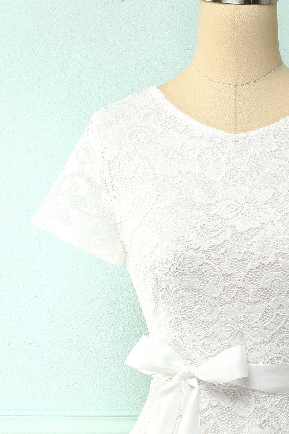 White Short Sleeves Lace Dress