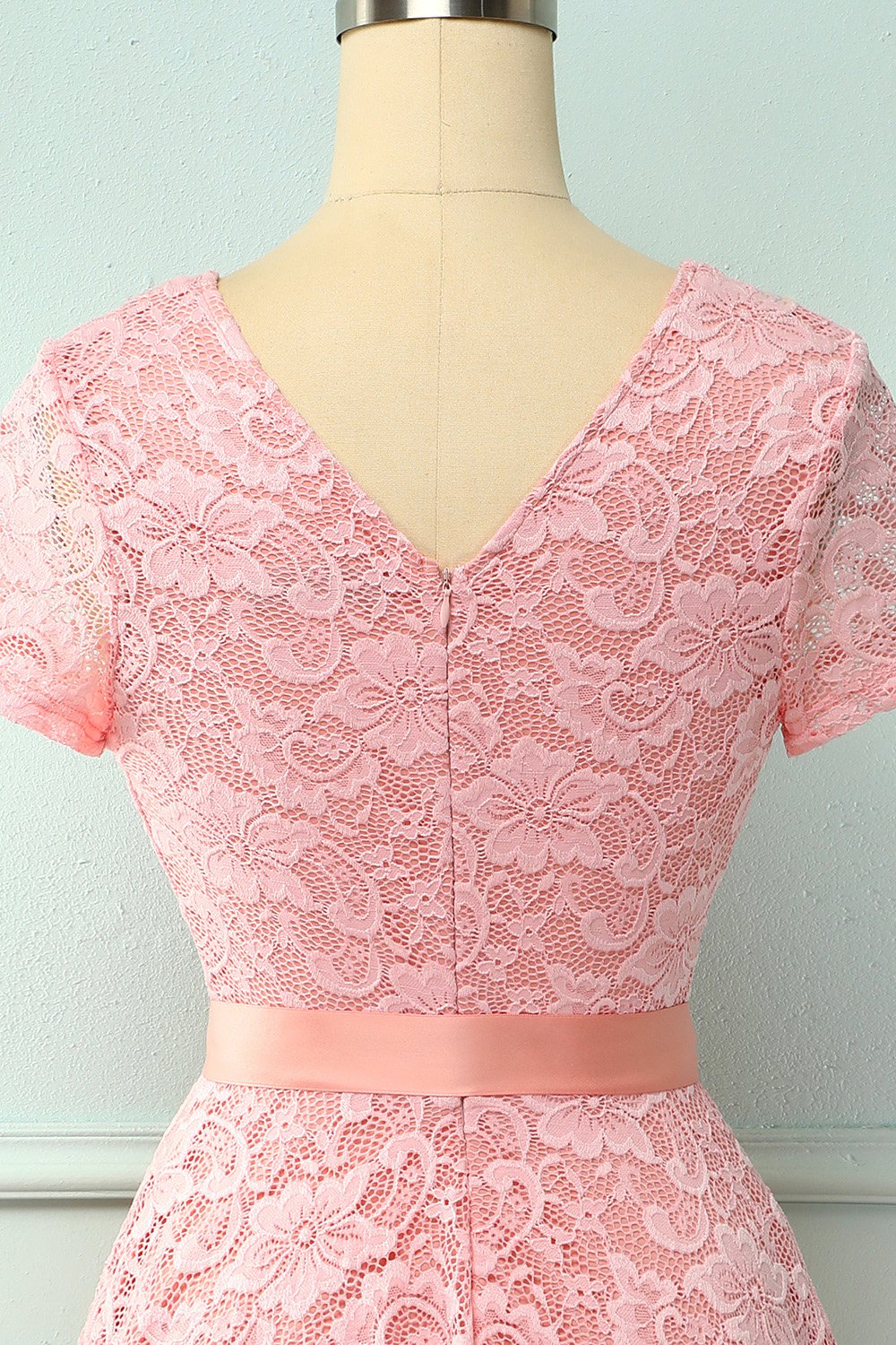 Pink Short Sleeves Lace Dress