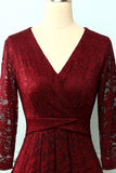 Burgundy V Neck Long Sleeves High Low Formal Lace Dress