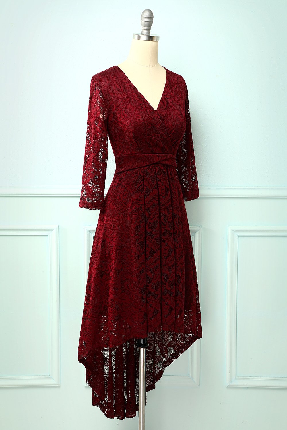 Burgundy V Neck Long Sleeves High Low Formal Lace Dress