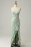 Sheath Spaghetti Straps Light Green Floral Printed Bridesmaid Dress with Split Front