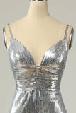 Mermaid Spaghetti Straps Silver Sequins Long Ball Dress Backless