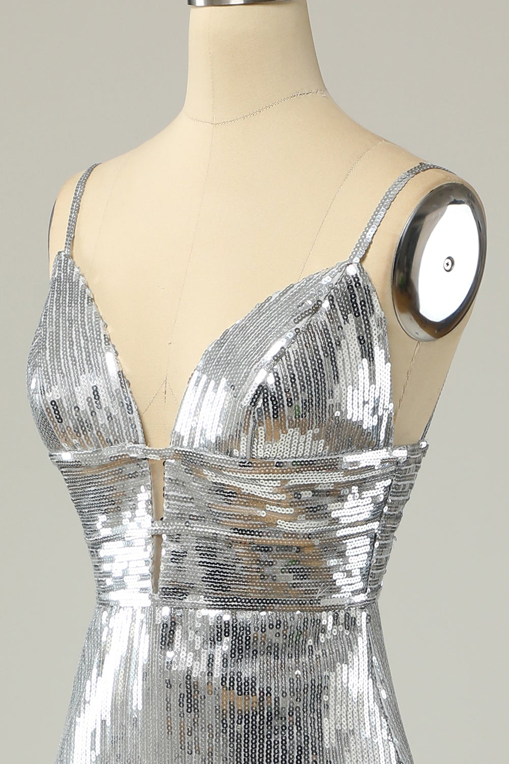 Mermaid Spaghetti Straps Silver Sequins Long Ball Dress Backless