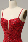 Mermaid Spaghetti Straps Red Sequins Long Ball Dress with Split Front