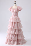 Blush A Line Square Neck Tiered Ball Dress with Ruffles