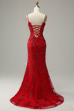 Mermaid Spaghetti Straps Red Sequins Long Ball Dress with Split Front