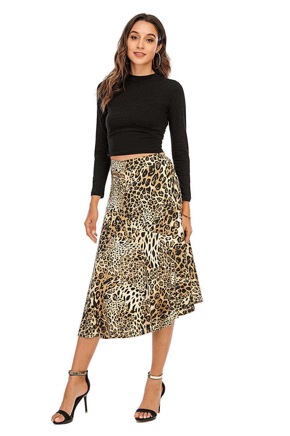 Brown Midi Asymmetrical Loepard Skirt