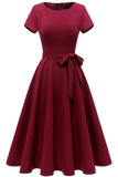 Burgundy Solid Short Sleeves Vintage Swing Dress