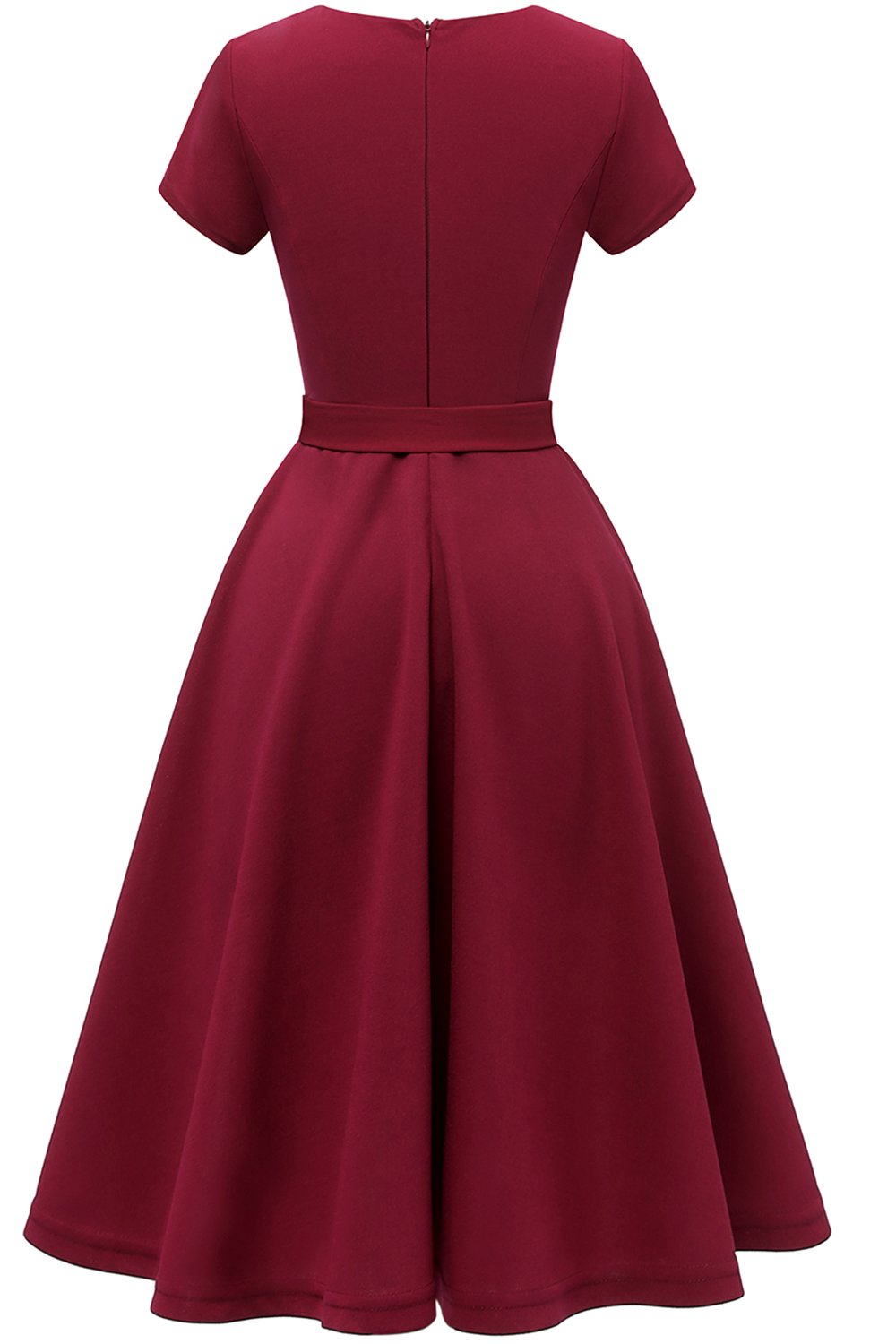 Burgundy Solid Short Sleeves Vintage Swing Dress