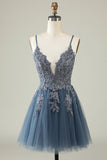 A Line Spaghetti Straps Grey Blue Short Cocktail Dress with Appliques