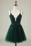 A Line Spaghetti Straps Dark Green Short Cocktail Dress with Appliques