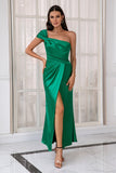 One Shoulder Dark Green Party Dress with Split Front