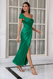 One Shoulder Dark Green Party Dress with Split Front