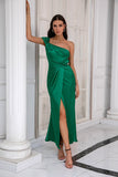 One Shoulder Dark Green Party Dress with Split Front