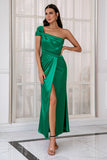 One Shoulder Dark Green Party Dress with Split Front