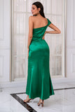 One Shoulder Dark Green Party Dress with Split Front