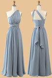 A Line One Shoulder V Neck Halter Neck Floor Length Grey Blue Bridesmaid Dress