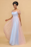 A Line Spaghetti Straps Blue Pink Tulle Long Bridesmaid Dress