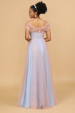 A Line Spaghetti Straps Blue Pink Tulle Long Bridesmaid Dress