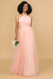 A Line Halter Blush Long Tulle Bridesmaid Dress