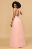 A Line Halter Blush Long Tulle Bridesmaid Dress