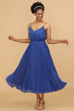 A Line Spaghetti Straps Royal Blue Tea Length Bridesmaid Dress