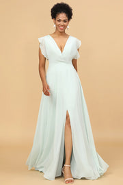 Mint V-Neck Sleeveless Long Chiffon Bridesmaid Dress With Slit