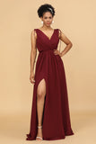 Burgundy V-Neck Lace Up Long Bridesmaid Dress With Slit