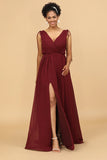 Burgundy V-Neck Lace Up Long Bridesmaid Dress With Slit