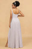Grey Square Neck Chiffon Long Bridesmaid Dress With Slit