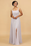 Grey Square Neck Chiffon Long Bridesmaid Dress With Slit