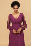 Purple Long Sleeves Cold Shoulder Long Bridesmaid Dress