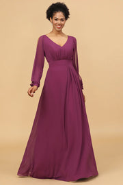Purple Long Sleeves Cold Shoulder Long Bridesmaid Dress