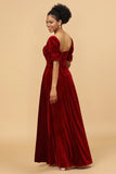 Red Velvet Half Sleeves Long Bridesmaid Dress With Slit