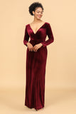 Sheath Burgundy Deep V-Neck Long Sleeves Velvet Bridesmaid Dress
