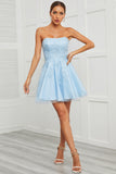 Blue Tulle Short Ball Dress with Appliques
